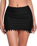 WOWENY Baderock Damen Bauchweg Pompom Trim Bikini Rock mit Innenslip Wassersport Schwimmrock Damen Elegant Bademode Kurz Rock Pom-pom Schwarz M