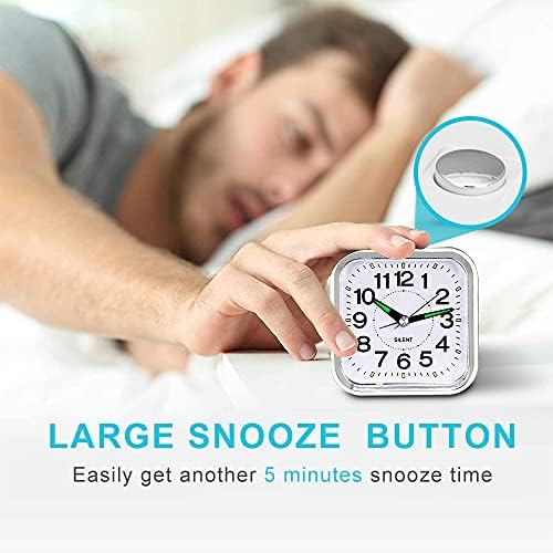 HOPSEM Non Ticking Alarm Clock Battery Powered Silent Bedside Clocks Snooze Night Light Bedroom Clocks Clear Display Table Clock Crescendo Alarm Easy to Operate for Home