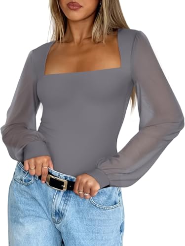 Image of PINKMSTYLE Women's Square Neck Double Lined Mesh Long Sleeve Bodysuits