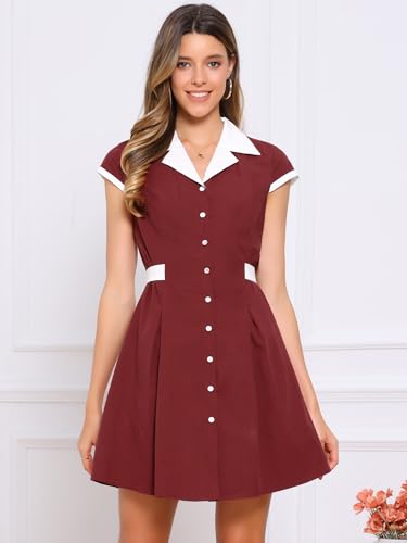 Image of Allegra K Women's Vintage Button Down Shirt Dress Notch Lapel Short Sleeve Belted Office Mini Short Dresses
