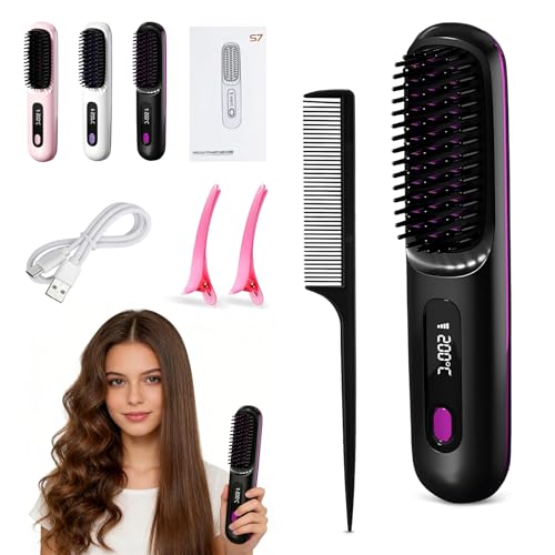 Clinora Kabellose Styling-Bürste clinora styling bürste stylingbürste für kurze haare mit LED-Anzeige 3 Temperaturstufen tragbare für glattes lockiges und trockenes Haar (A)
