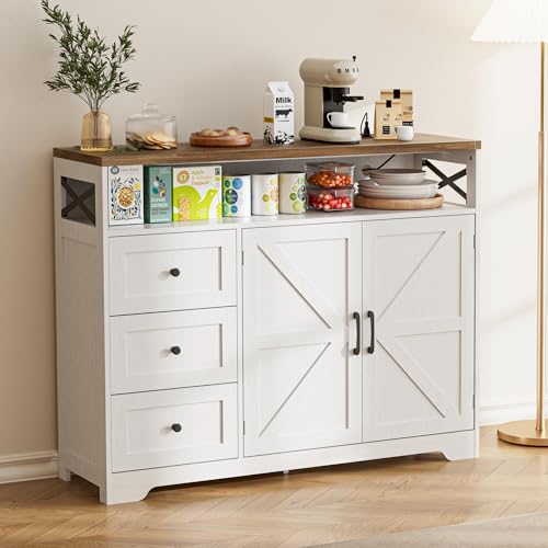 BonVache Credenza, credenza con cassetti, credenza con scaffali aperti, per cucina, sala da pranzo, soggiorno, 120 x 35 x 95 cm, colore bianco