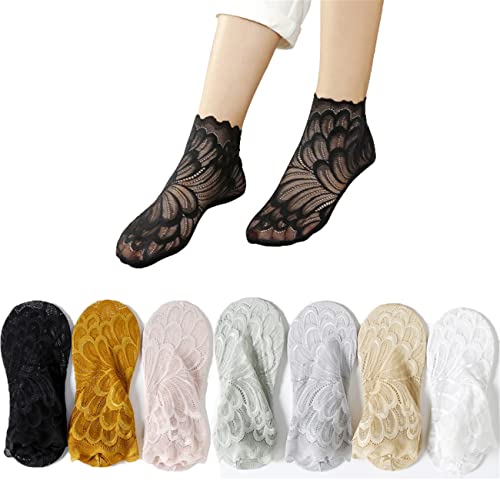 7 Pairs Women Boat Socks Summer Feather Socks Ultra-Thin Lace Transparent Mesh Hollow Ankle Socks