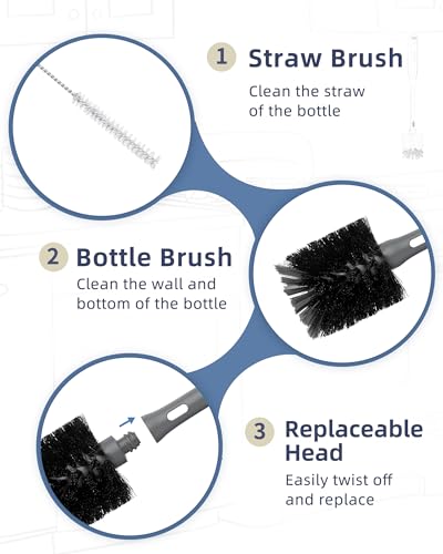 Image of ROSEOK 2 in 1 Bottle Brush with Straw Cleaner Brush, Water Bottle Brush | For Cleaning Glass, Sports Bottle, Coffee Mug, Cup Cleaner, Gray, 1 Pack