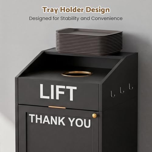 Image of 40 Gallon Commercial Trash Can Cabinet with Tray Holder, Wooden Trash Can Cabinet with Top Cup Slot, Heavy-Duty Restaurant Trash Can with Lift Up Door for Cafe Restaurant Office