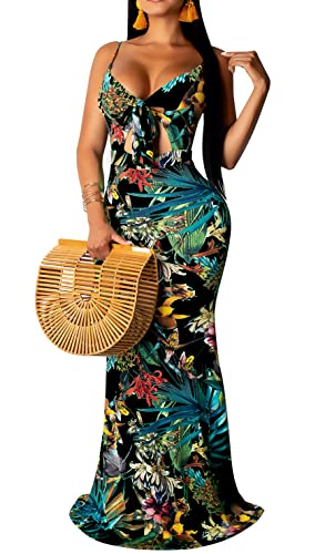 Image of Women's Summer Floral Spaghetti Strap Long Maxi Dresses Low-Cut Bohemian Beach Sundress