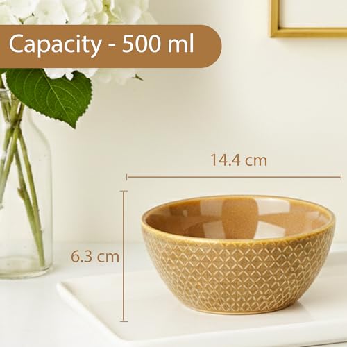 Image of The Earth Store Caramel Embossed Ceramic Bowl Set of 2 - 500ML Each | Ceramic Mixing Bowls for Snacks, More | Rice, Dal, Fruits, Salad | Microwave Safe Bowl Set | Perfect for Gifting & Daily Use