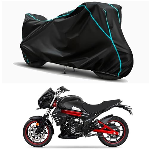 Image of Waterproof Bike Body Cover Compatible for | Mahindra Mojo 300 BS6 | Taffeta Fabric, Sky Piping Design, Bottom Elastic Fit | Dustproof, Sun UV & Rain Protection for All Weather.