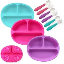 Elk and Friends Silicone Suction Plate for Babies/Toddlers + Stainless Steel Silverware Feeding Set | Divided Plate | Suction Design | Forks + Spoons Included | 3 Pack
