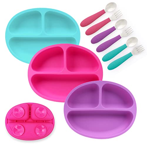 Elk and Friends Silicone Suction Plate for Babies/Toddlers + Stainless Steel Silverware Feeding Set | Divided Plate | Suction Design | Forks + Spoons Included | 3 Pack