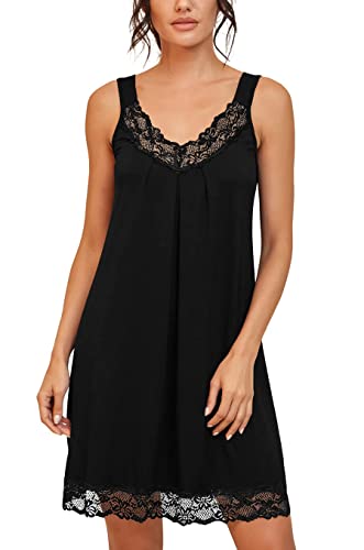 PrinStory Camisón suelto de encaje para mujer, camisón de algodón, lencería de jersey, Negro, M