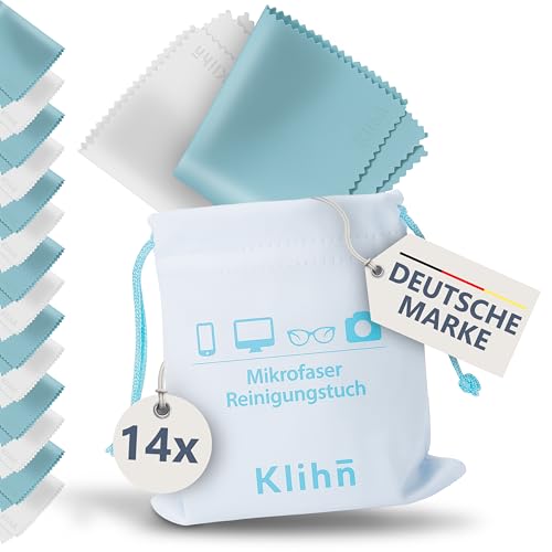 Klihn - Mikrofaser Brillenputztücher in Optikerqualität (14er Pack + Aufbewahrungsbeutel) | für Brille, Handy, Display und Objektive | waschbar | Microfaser | Größe: 18x16cm