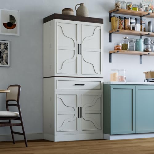 71' Tall Kitchen Pantry Cabinet with 6 Barn Door Shelves Farmhouse Storage Cabinet with 3 Drawers Storage Cabinets Rustic Wood Cupboard Storage Cabinet w/Organizer for Dining Room White