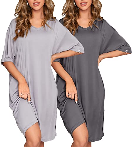 Image of ft FENTENG 2-Pack Women's Nightgowns Short Sleeve Nightshirt V Neck Soft Sleepwear Casual Sleepshirts Loose Pajama Dress