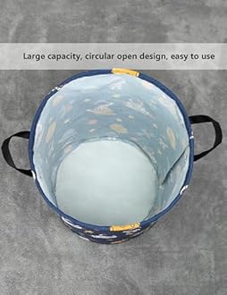 QUEENLALA Large Storage Basket,Laundry Hamper/Bathroom/Home Decor/Collapsible Round Storage Bin,Boys and Girls Hamper/Boxes/Clothing（Round-Yellow Star Astronaut）