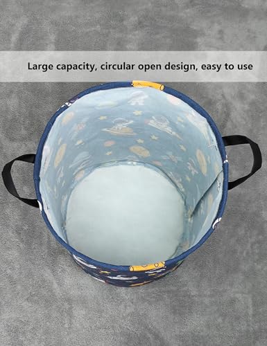 QUEENLALA Large Storage Basket,Laundry Hamper/Bathroom/Home Decor/Collapsible Round Storage Bin,Boys and Girls Hamper/Boxes/Clothing（Round-Yellow Star Astronaut）