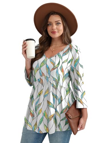 Image of OFEEFAN 3 /4 Length Sleeve Womens Tops 2026 Blouses for Women Dressy Casual Fashion Clothing V Neck Babydoll Tops Fall Outfits