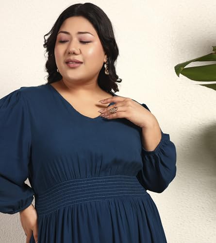 Image of DEEBACO Women's Plus Size Solid Rayon Tiered Maxi Dress|3 /4 Sleeve|V-Neck|Casual Trending Stylish Long One Piece Dresses Women Western