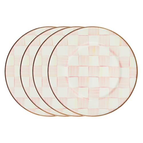 MACKENZIE-CHILDS Enamel Salad and Dessert Plate, Small Plate for Appetizers or Desserts, 8 Inches, Set of 4, Pink-and-White Rosy Check