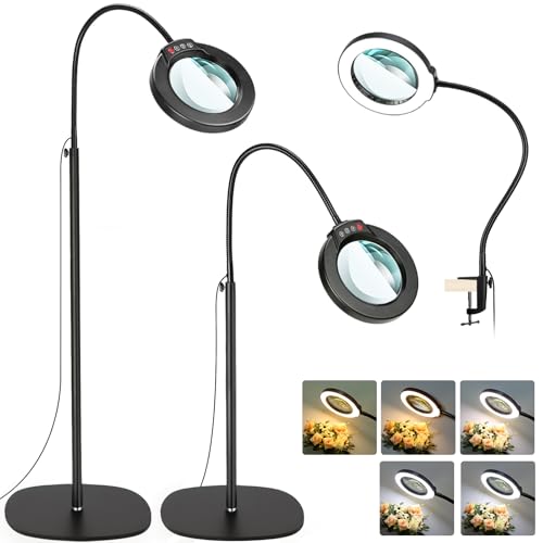 10X Magnifying Glass with Light and Stand, Optical Grade Real Glass Lens, 5 Color Modes, Stepless Dimmable, 24' Flexible Gooseneck 3-in-1 Floor Lamp, LED Lighted Magnifier Hands Free for Close Work