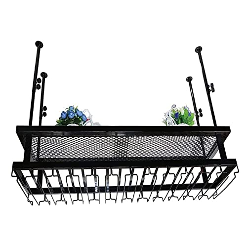 Wine rackRetro Iron Solid Wood Hanging Wine Glass Rack with Guardrail - Indoor Decor Storage Shelf for Bars/Restaurants/Kitchen - Black