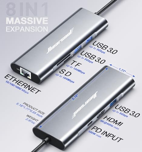 Hiearcool UCN3610 Usb C Hub Ethernet,4K@60 Usb C To Hdmi Hub,8In1 Multi-Port Usb C Adapter Type C Dock Dongle Compatible thumb #4