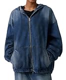 Aomice Women's Zip Up Denim Hoodie Sweatshirt Jean Jacket Coats with Pockets Dark Blue M