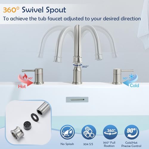 Wintap Roman Tub Faucet 3 Hole Deck Mount with Swivel Spout Brushed Nickel — view 3