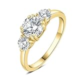 JewelryPalace Anillo clásico de tres piedras para mujer chapado en oro amarillo de 14 quilates con circonita cúbica, anillos dorados para mujer con piedra redonda, alianza de boda de oro de 1 ct