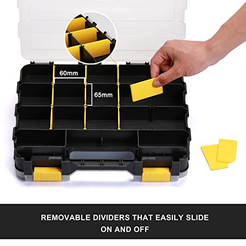 Casoman Double Side Tool Organizer With Impact Resistant Polymer And Customizable Removable Plastic Dividers, Hardware Box Storage, Excellent For Screws,Nuts,Small Parts, 34-Compartment, Black/Yellow #TOP2