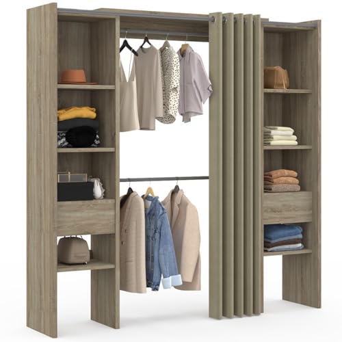 IDMarket - Vestidor extensible doble MERYL 120/180 x 50 x 180 cm haya con estantes + doble armario + cortina topo