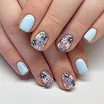 KQueenest Blue French Tip Press on Nails Short Square with Floral Design Full Cover Natural Nude Fake Nails Short French Glue on Nails with Cute Flower Acrylic Stick on Nails for Women 24 Pcs
