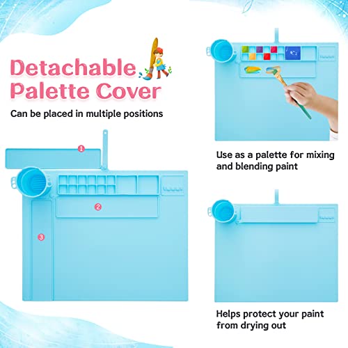 Silicone Painting Mat for Table Protection, 20"x16" Non-Slip Silicone Craft Art Mat with Cup and Lid for Painting, DIY, Resin, Clay, Blue