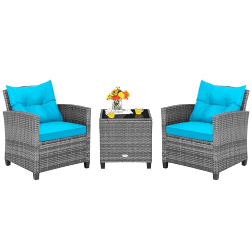 Image of Tangkula 3 Pieces Patio Furniture Set, Outdoor PE Rattan Conversation Chair Set with Tempered Glass Side Table and Removable Cushions, PE Wicker Chairs and Table Set for Porch, Balcony and Garden