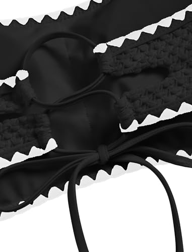 Image of ZAFUL Women's Strapless Bandeau Bikini 2 Piece Swimwear Cheeky Solid Pom Bathing Suits(9-Black,S), Small