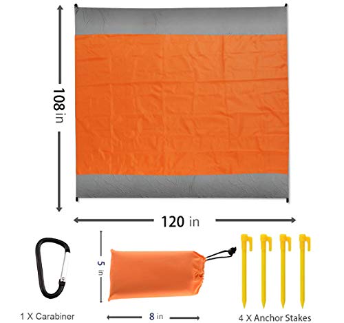 Fashion Beach Blanket, Oversize 108\" x 120\" for 10-12 Adult Waterproof Outdoor Portable Picnic Mat with 4 x Stakes & Corner Pockets - Beach Mat for Travel, Camping, Hiking, Music Festivals (Orange)