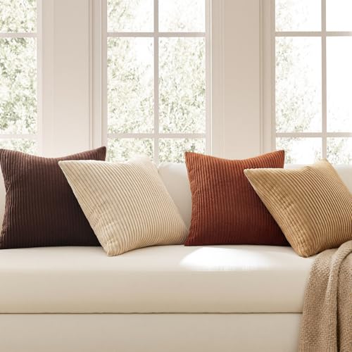 Image of Topfinel Beige Brown Throw Pillow Covers Rustic Modern Soft Corduroy Striped Decorative Cushion Cover 16x16 Inch Gradient Farmhouse Pillow Case Set of 4 for Sofa Couch Living Room Bedroom
