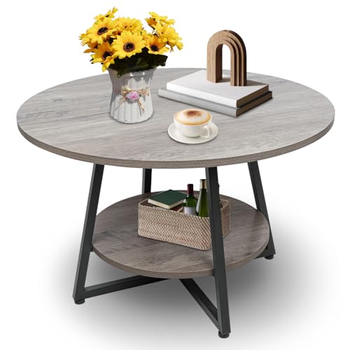 Image of Round Coffee Table, 2-Tier Circle Coffee Table with Storage, Modern Wood Round Center Table, for Living Room, Small Space, Home Office, Easy Assembly, Wash Gray
