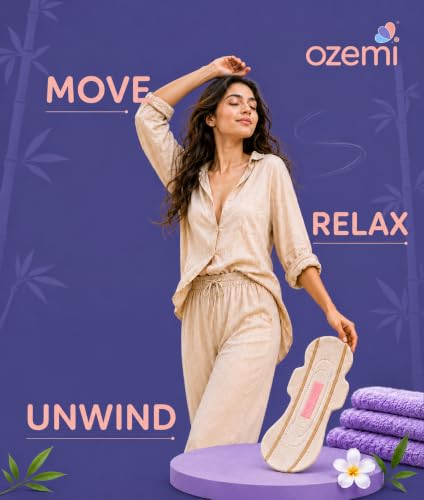 Image of Ozemi's Organic Bamboo Sanitary Pads with Wings, Rash-Free & Chemical-Free Period Pads | Breathable, Ultra-Soft Feminine Hygiene Pads for Women | Super Absorbent sanitary Napkins (20, 250 mm)