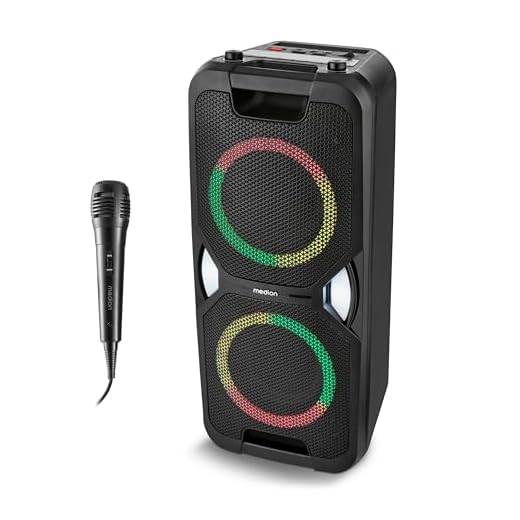 MEDION PE-1 Pure Partybox (Akku, mit Mikrofon, tragbarer Bluetooth Lautsprecher groß, Musikbox, Verschiedene Lichteffekte, Partylautsprecher mit Karaoke, 2 x Mikrofonanschluss, AUX, USB, Radio)