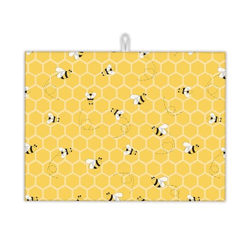 UIUPRO Yellow Bees Dish Drying Rack Mats Decor,Honey Honeycombs Dish Pad Drying Mat Kitchen Counter 18x24 Inch Absorbent Reversible Microfiber for Coffee Bar Sink Countertop by UIUPRO - Used condition - US$10.38