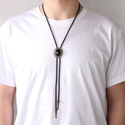 Image of AZORA Western Cowboy Bolo Tie Men Leather Necktie Leather Cord Turquoise Stone Bolo Ties for Men Women