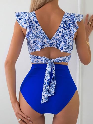 Women Ruffle High Waisted Swimsuit Two Piece Tropical Print Swimsuit Push Up Bathing Suit4