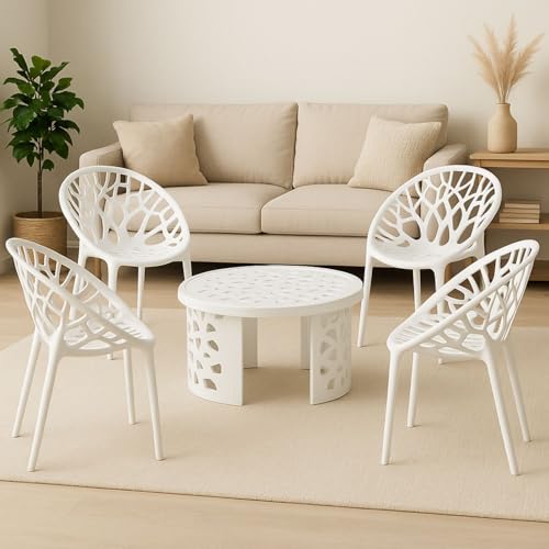 Image of Oaknest Neelkamal Crystal White Plastic Chair & Table Set | 4 Designer Chairs + 1 Center Table | Durable, Weather-Resistant, Indoor /Outdoor Use