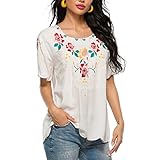 AK Women's Summer Boho Embroidery Mexican Bohemian Tops Shirt Tunic Blouses 082 (White, S)