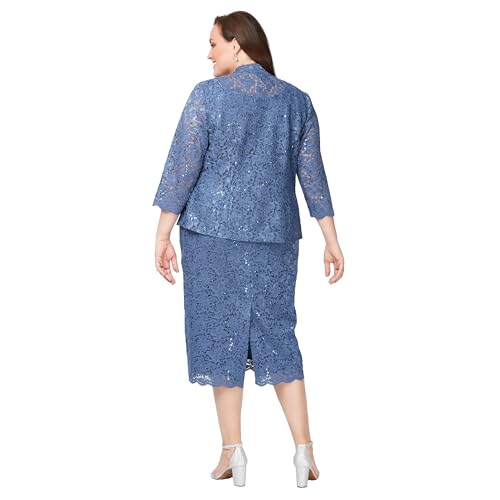 Image of S.L. Fashions Women's Tea Length Sequin Lace Mother of The Bride Dress with Illusion Sleeve Jacket