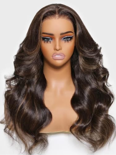 Image of Beauty Forever Pre Everything Glueless Front Espresso Brown With Highlights Body Wave Glueless Wigs Human Hair Pre Plucked Pre Cut 13x4 Loose Wave Bye Bye Knots Ready to Wear Wig 150% Density 20inch