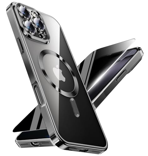 Image of Magnetic for iPhone 16 Pro Case with Privacy Screen Protector & Full Camera Cover,[Non-Yellowing] Plating Glossy Soft Shockproof Clear Phone Case with MagSafe Women Girls for iPhone 16Pro 6.3 inch,Black