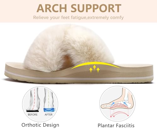 Image of COFACE Womens Fuzzy Slides Fluff Faux Fur Cross Slippers Open Toe Yoga Mat House Slipper Sandals With Arch Support For Indoor /Outdoor