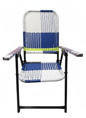 Image of Portable Folding Study Chair with Armrests, Blue and White Woven Design, Iron Frame, Lightweight Durable Chair for Home, School and Outdoors